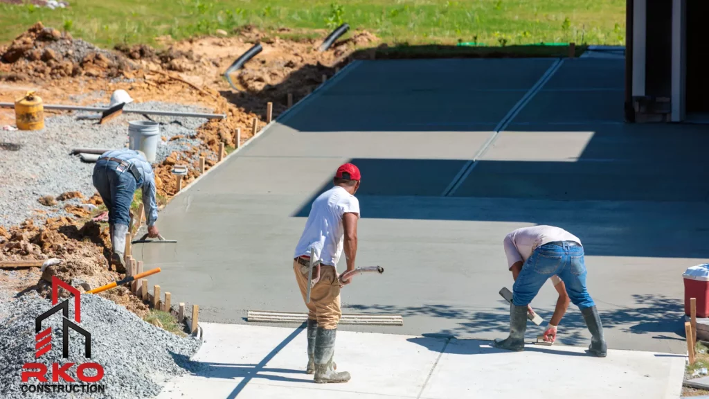 three concrete workers in Dallas, TX finishing a concrete driveway