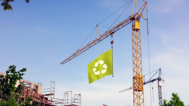 commercial sustainable construction flag hanging from a crane